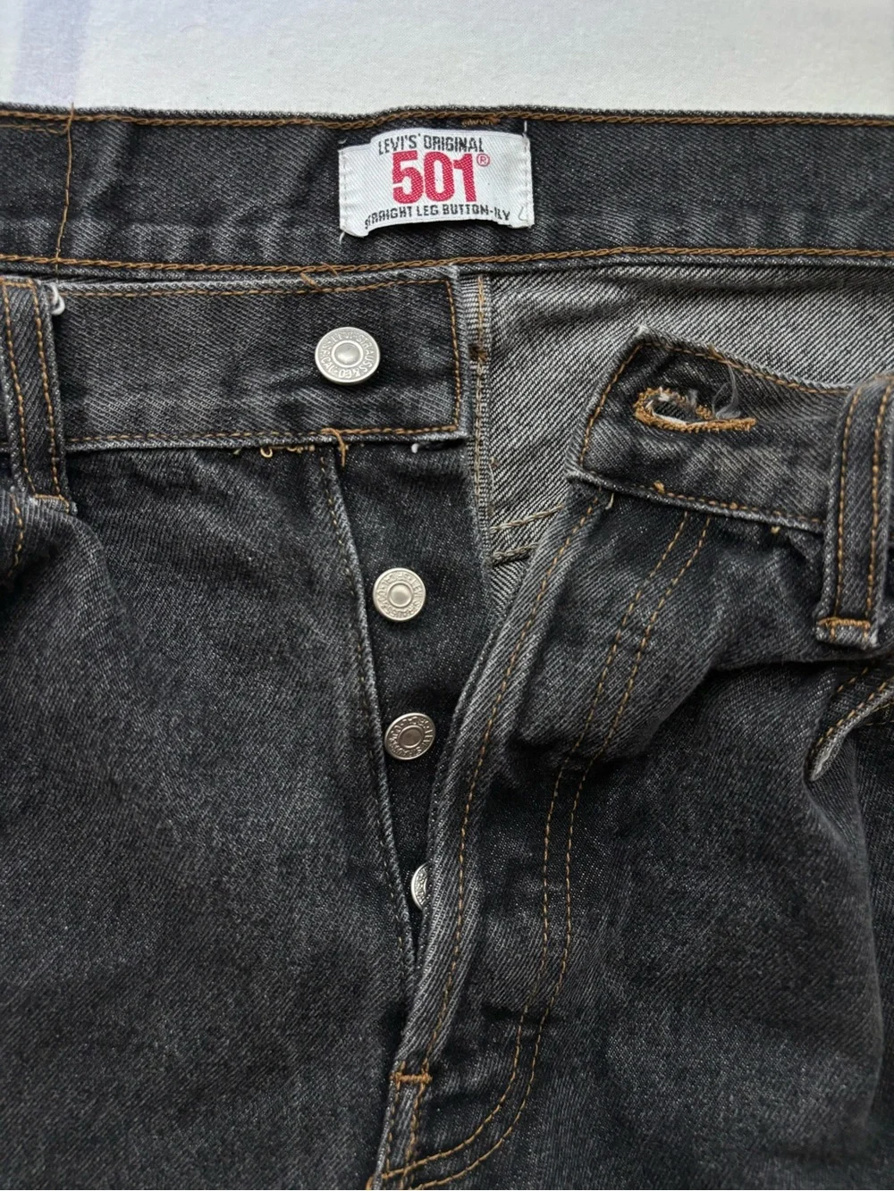Levi’s 501 Original Straight Leg Button Fly Black Distressed Vintage 90s USA